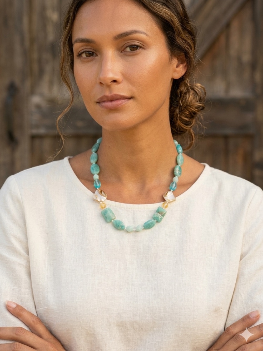 Mother of Pearl & Aqua Beaded Necklace Coastal Statement Beach Boho Jewelry